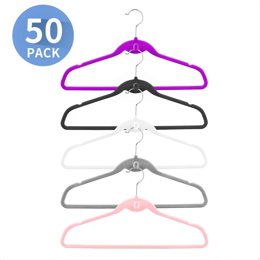 Multi-Color Velvet Hangers 50 Pack with Cascading Hooks, Non-Slip Black, Pink, White, Grey, and Purple Velvet Hangers
