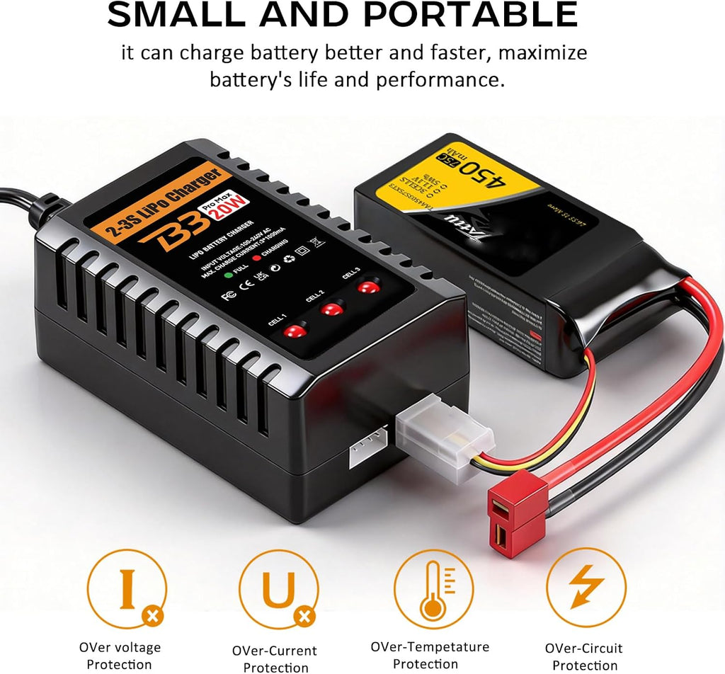 LiPo Charger for 2S-3S(7.4-11.1V) LiPo Battery of RC Toy & Model(Yellow) | LiPo Balance Charger Compact and Light, RC