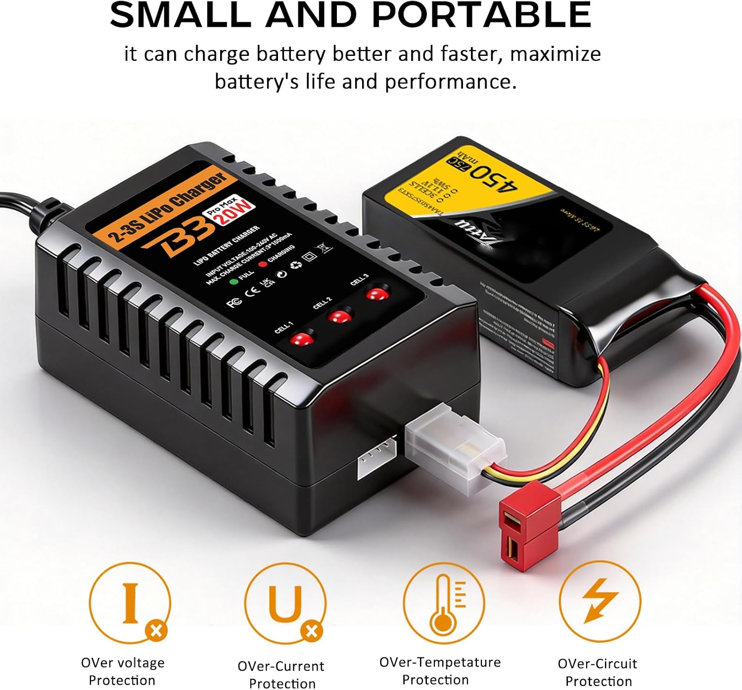 LiPo Charger for 2S-3S(7.4-11.1V) LiPo Battery of RC Toy & Model(Yellow) | LiPo Balance Charger Compact and Light, RC