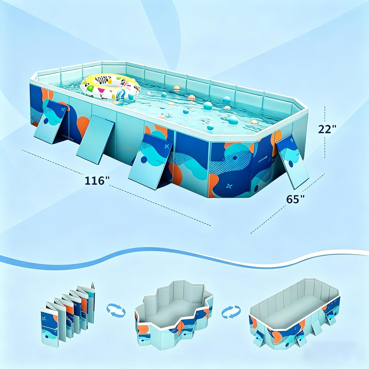 Foldable Swimming Pool, Rectangular Above Ground Swimming Pool for Outdoor Family Square Pool with Drain Plug and
