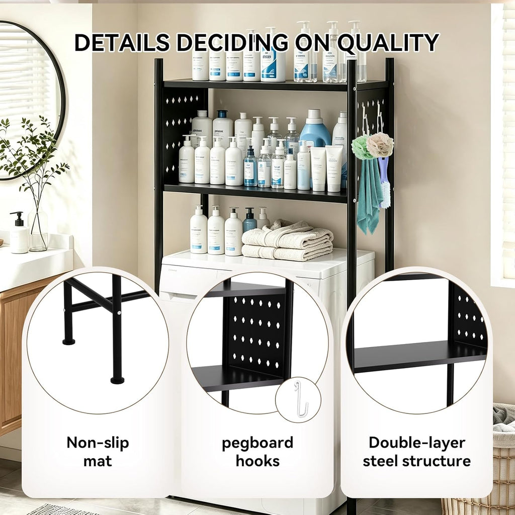 Over Bathroom & Laundry Storage Shelf, Laundry Rack with Pegboard and Hooks
