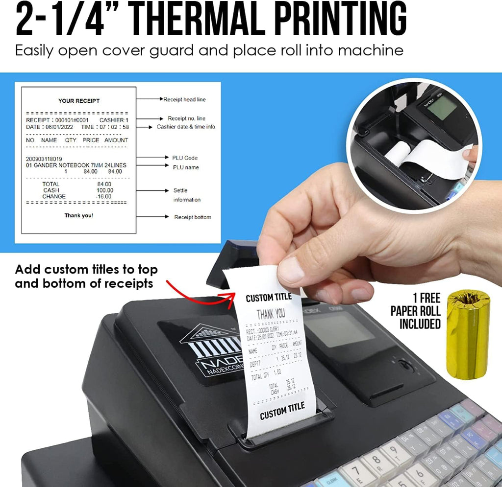 CR360 Cash Register, 4700 Lookups 50 Dept 50 Clerks, Quick Load Thermal Printer, Compact Size, Cash and Coin Drawer