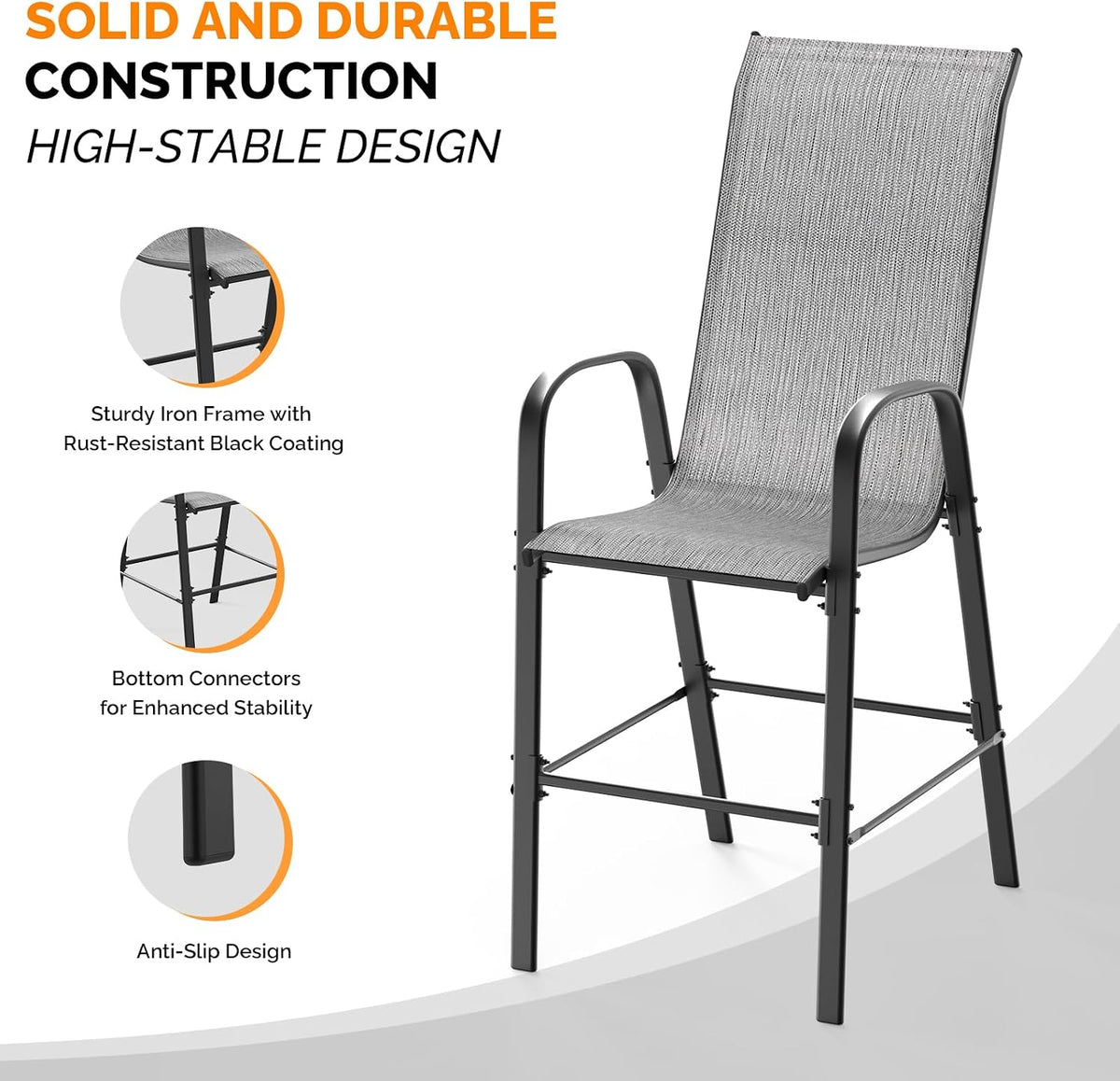 Set of 4 Stackable Outdoor Bar Stools – Sling Chairs with High Back & Armrests