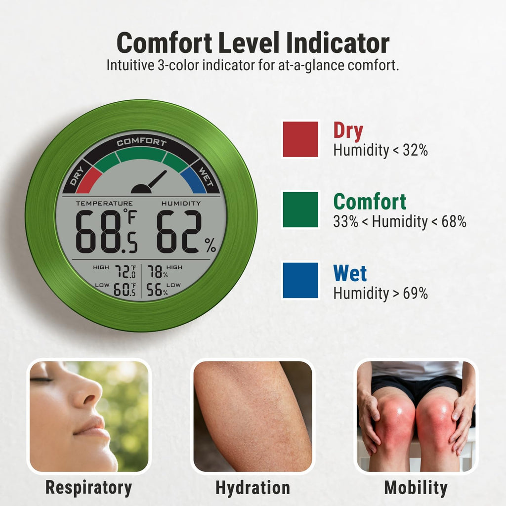 Digital Hygrometer Indoor Thermometer, Brushed Metal Frame, Green