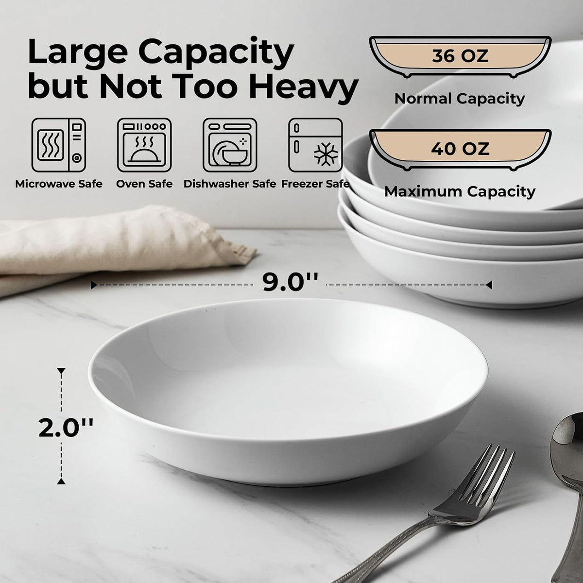 9" Pasta Bowls, 40oz Large Salad Bowls Set of 6, Wide Shallow Ceramic Bowls for Serving Soup, White Dinner Plates Set