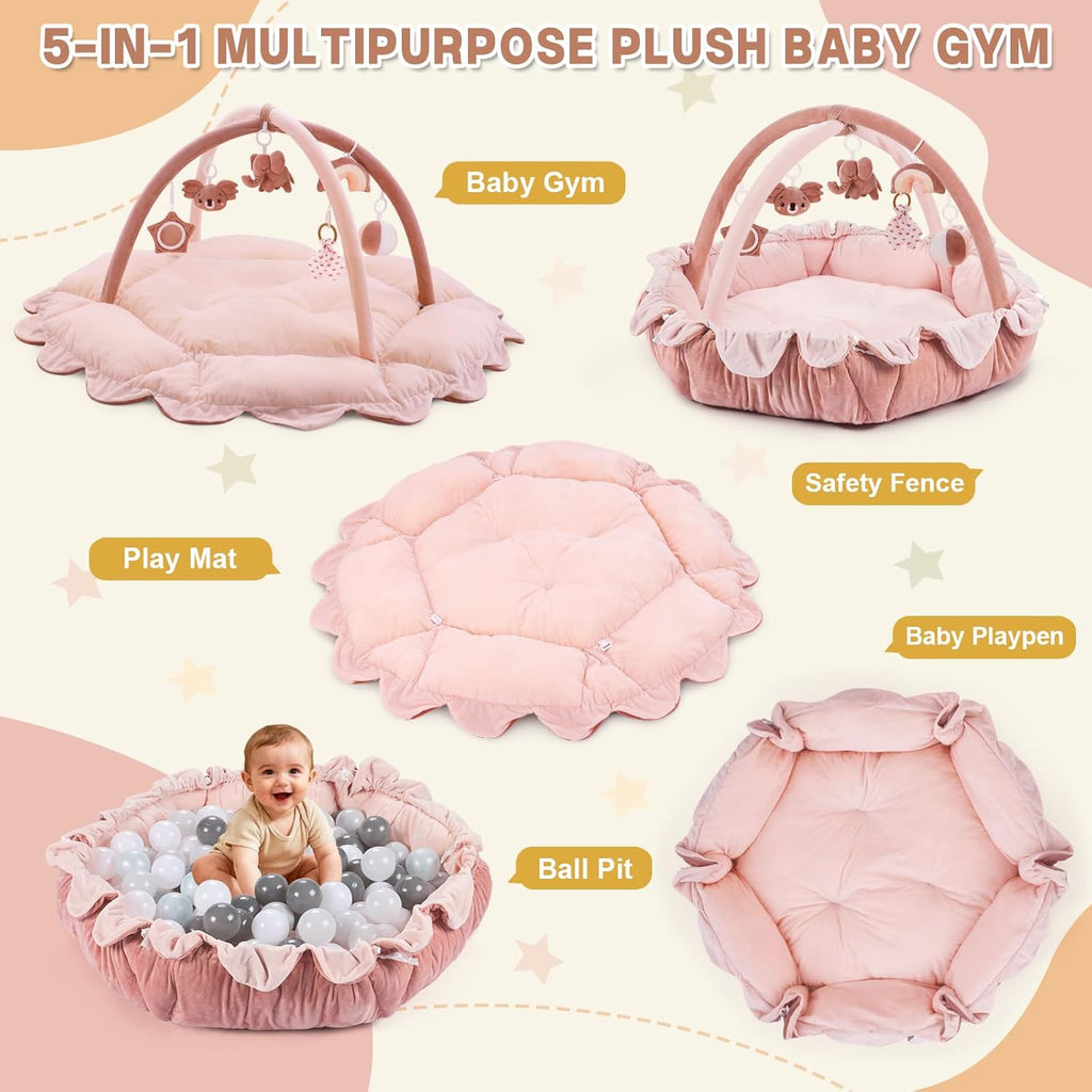 5-in-1 Baby Activity Gym & Play Mat with 6 Hanging Toys, Tummy Time Mat & Cards - Extra Large, Reversible Machine