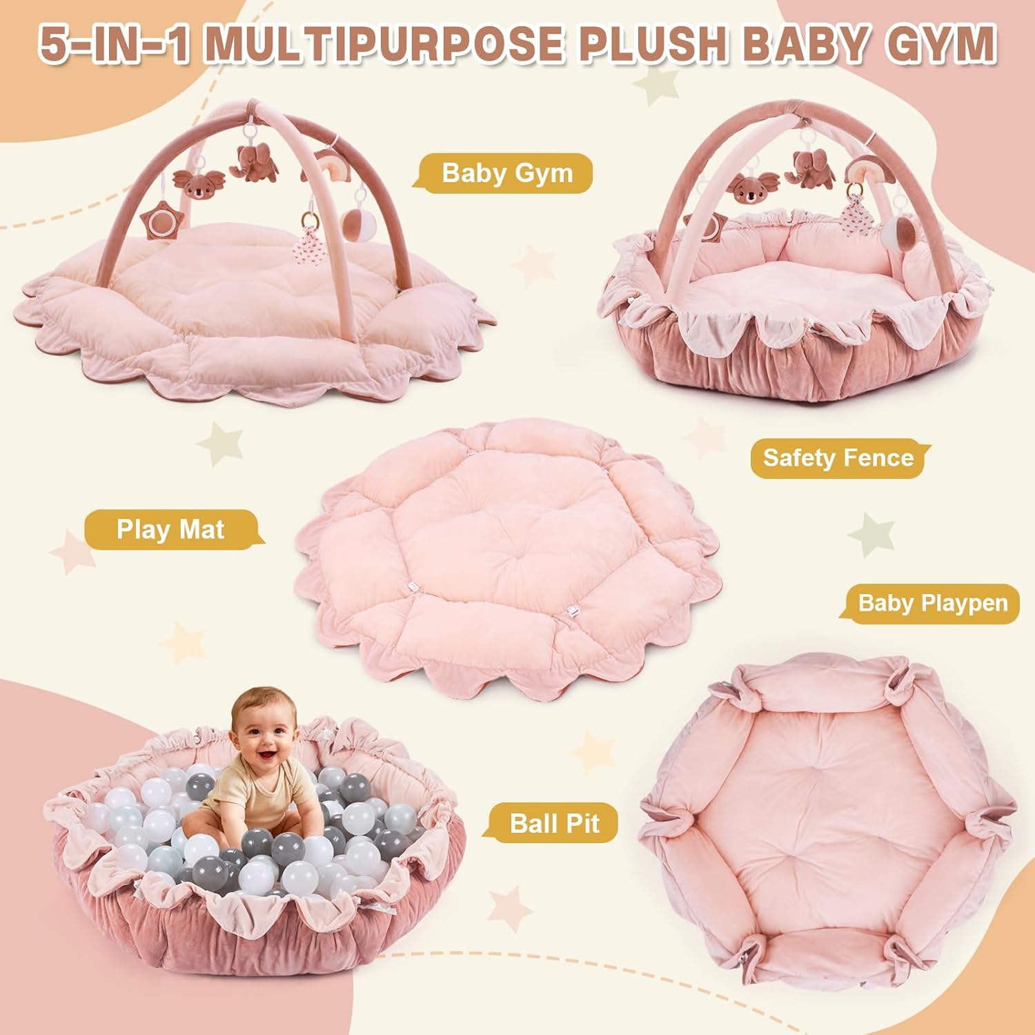 5-in-1 Baby Activity Gym & Play Mat with 6 Hanging Toys, Tummy Time Mat & Cards - Extra Large, Reversible Machine