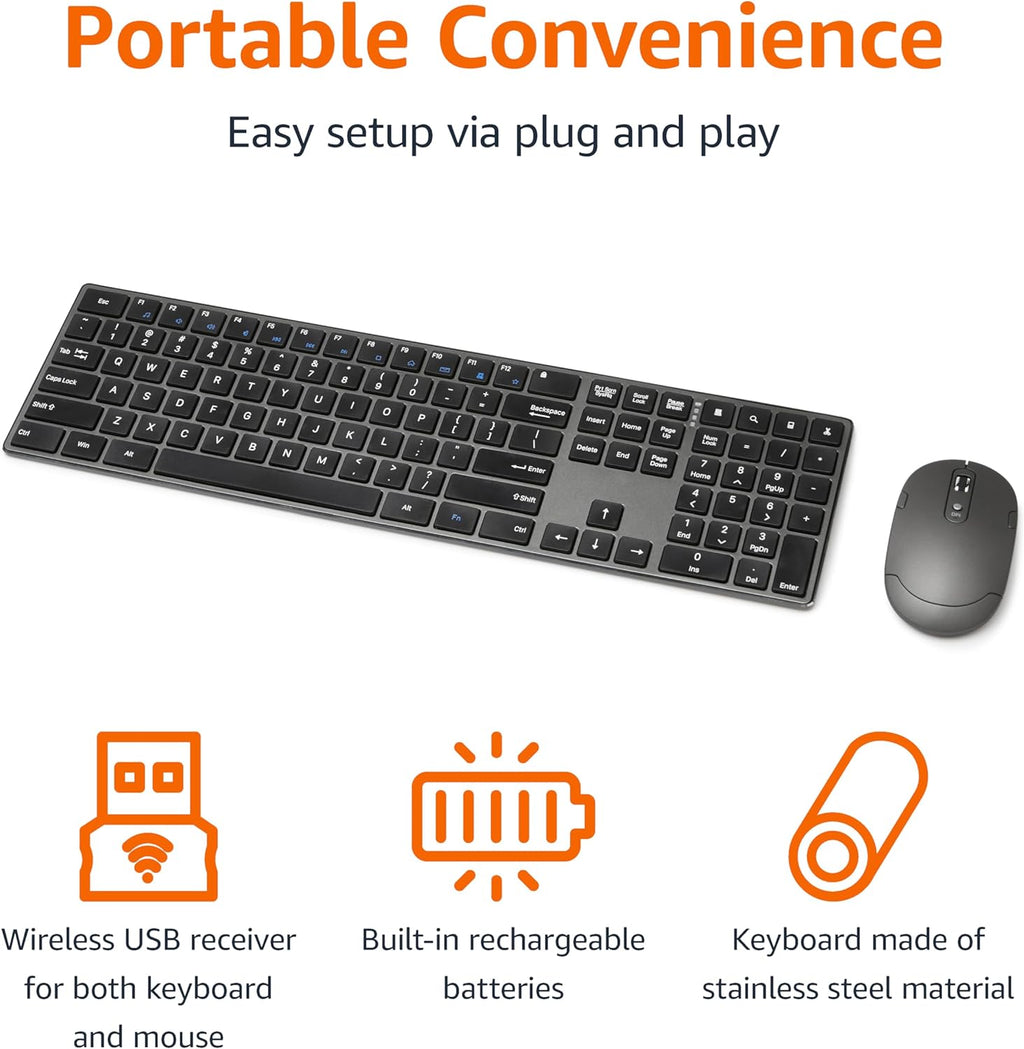 Ultra Premium Wireless Keyboard and Mouse Combo, Rechargeable, Full-Size with Number Pad, Sleek Design, Plug and