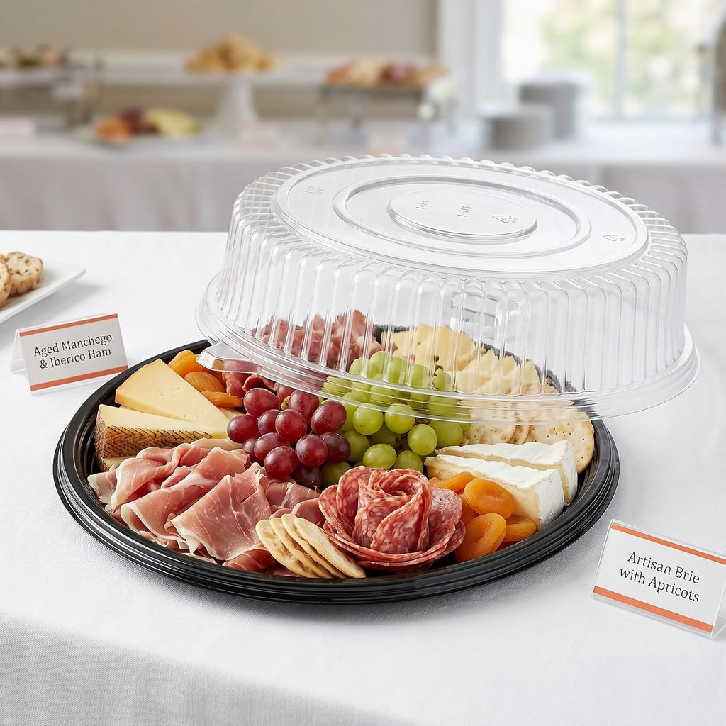 12 Pack 12 Inch Plastic Serving Tray with Lid, Disposable Plastic Food Serving Platters with Clear Dome Lids