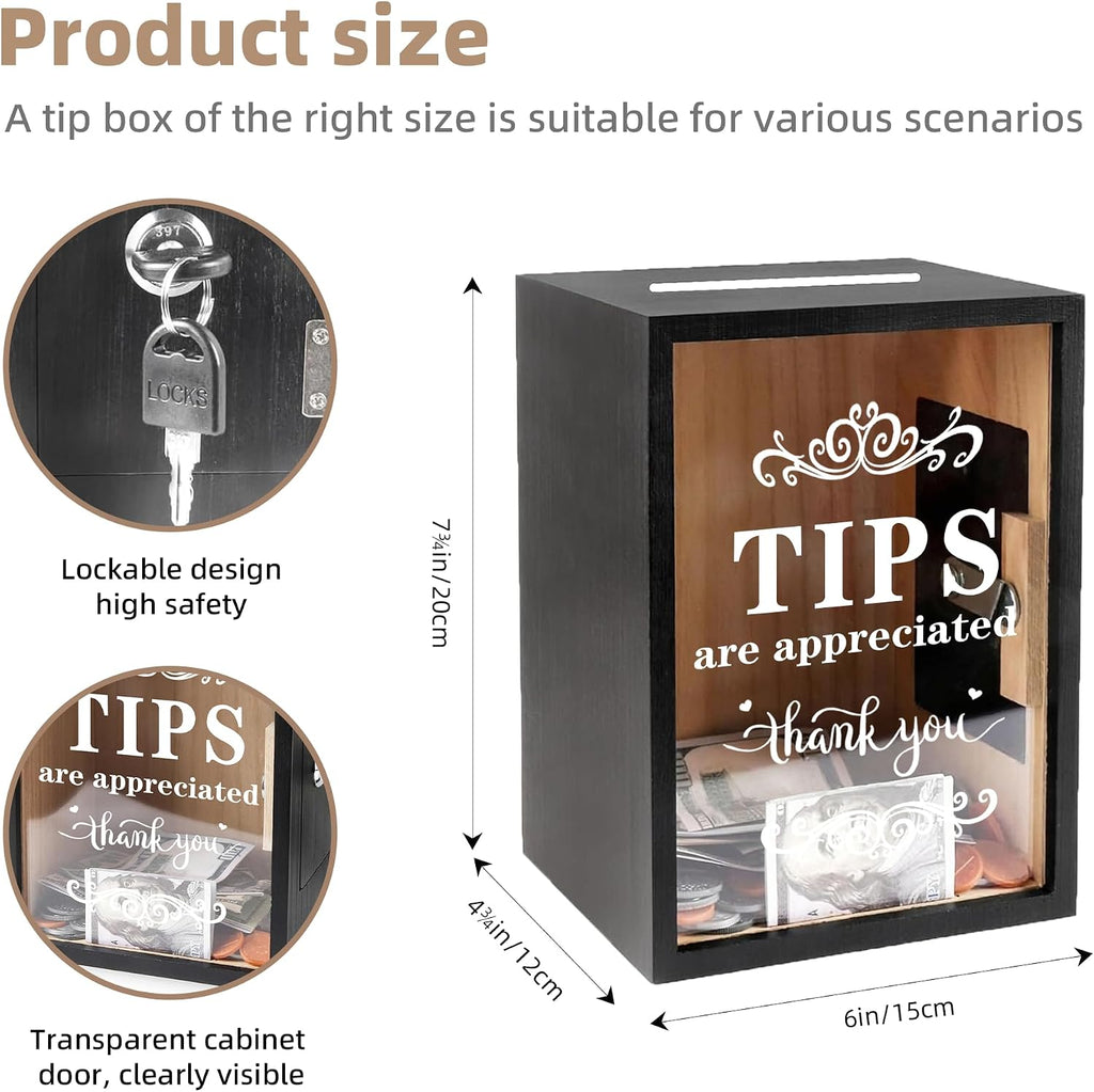 Wooden Tip Box with Lock & Slot - Secure Donation & Tips Jar for Business, Street Performers, Cafe, Hotel - Vendor
