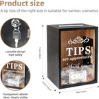 Wooden Tip Box with Lock & Slot - Secure Donation & Tips Jar for Business, Street Performers, Cafe, Hotel - Vendor