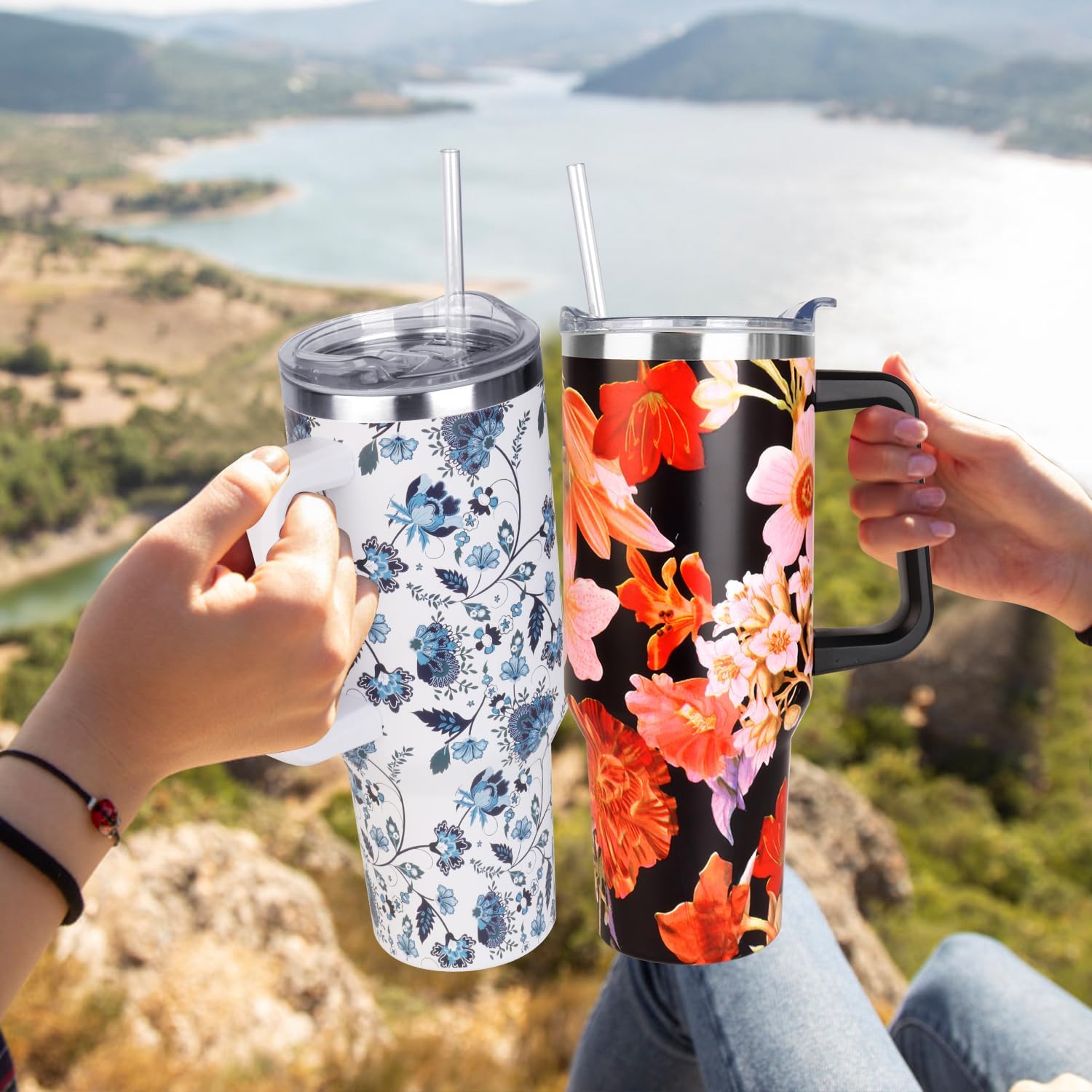 40 oz Tumbler with Handle and Straw Stainless Steel Insulated Tumbler Leak Proof Lid and Straw Lid Reusable Travel
