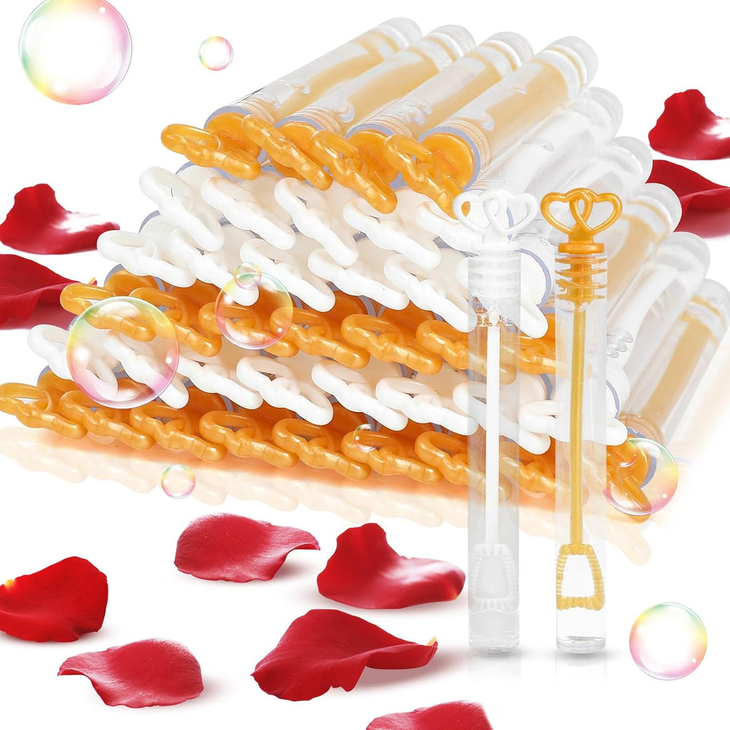 40PCS Wedding Bubble Wands Bulk, Mini Heart Bubbles Party Favor White Gold Bubble Sticks for Valentine's Day