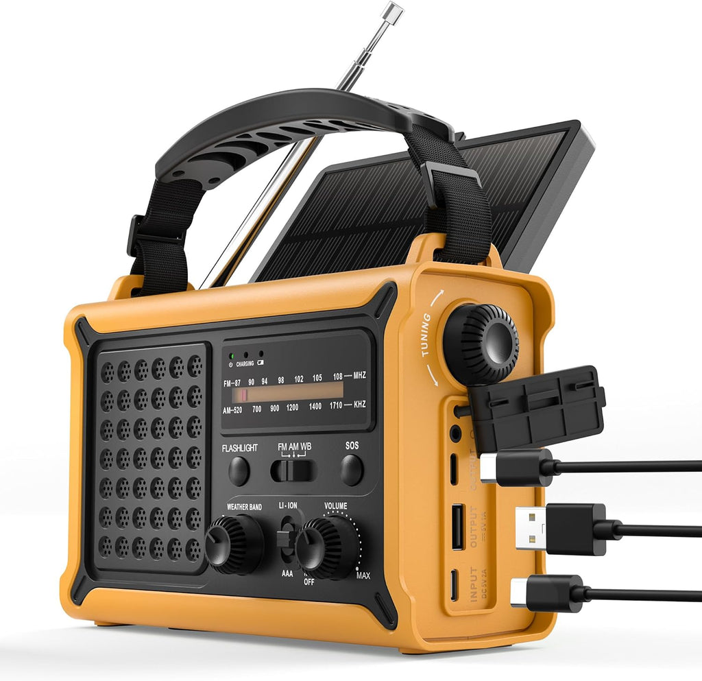 Emergency Radio with Hand Crank & Solar, NOAA Weather Band, AM/FM, 12000mAh | 8500mm² Solar Panel, Clear AM/FM