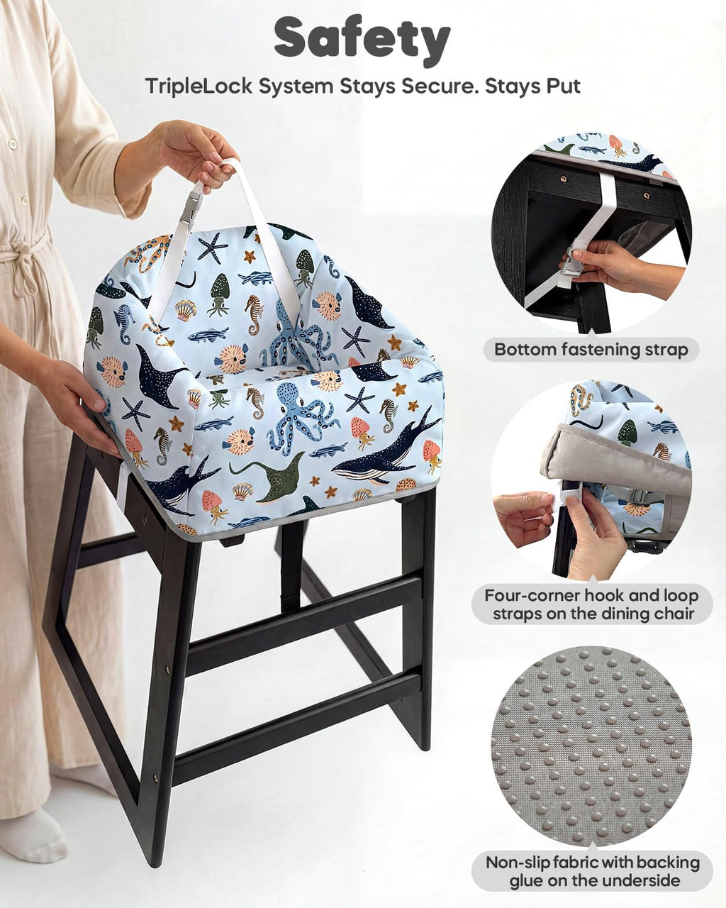 Reusable Baby High Chair Cover with Strap Pads & 2-Point Harness, Waterproof Washable Portable Seat Liner for Wooden