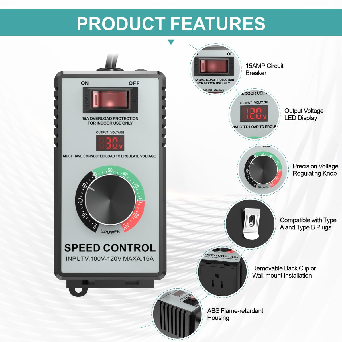 AC Motor Speed Controller, Variable Speed Regulator for Fan & Power Tools