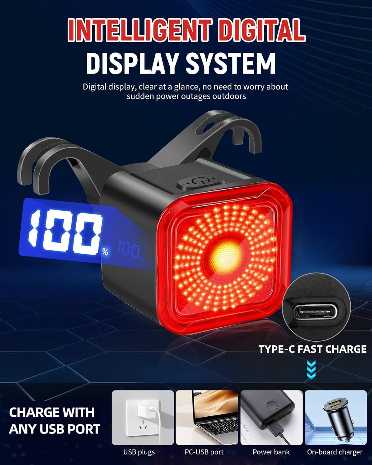 Bike Tail Light with LED Display Screen, USB-C Rechargeable | 6 Light Modes, IP55 Waterproof Bicycle Taillight for