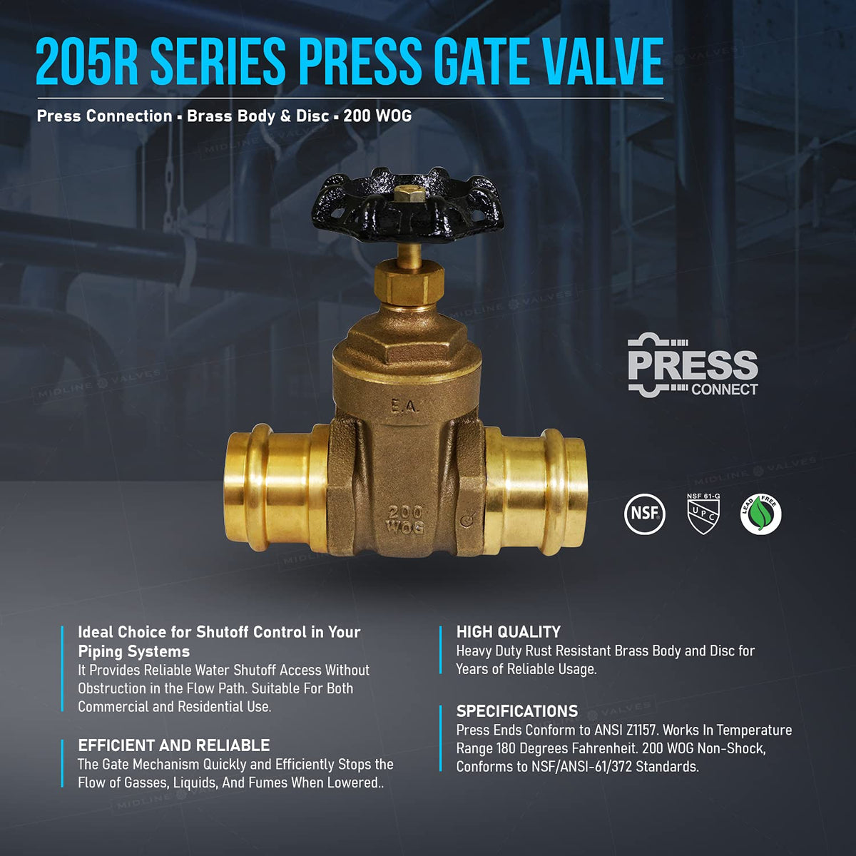 Midline Valve Press Gate Valve, 1”, Brass (5 Pack)