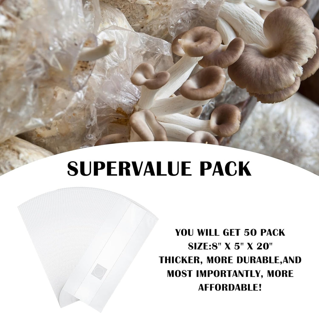 50-Pack Autoclavable Mushroom Growing Bag Bulk with Microporous Filter Patchs - Large 8"x5"x20" Extra 6 Mil Thick|