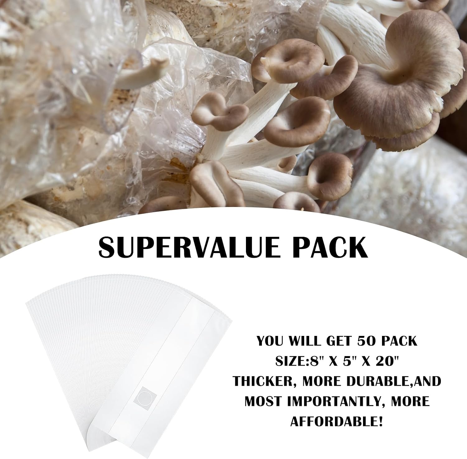 50-Pack Autoclavable Mushroom Growing Bag Bulk with Microporous Filter Patchs - Large 8"x5"x20" Extra 6 Mil Thick|