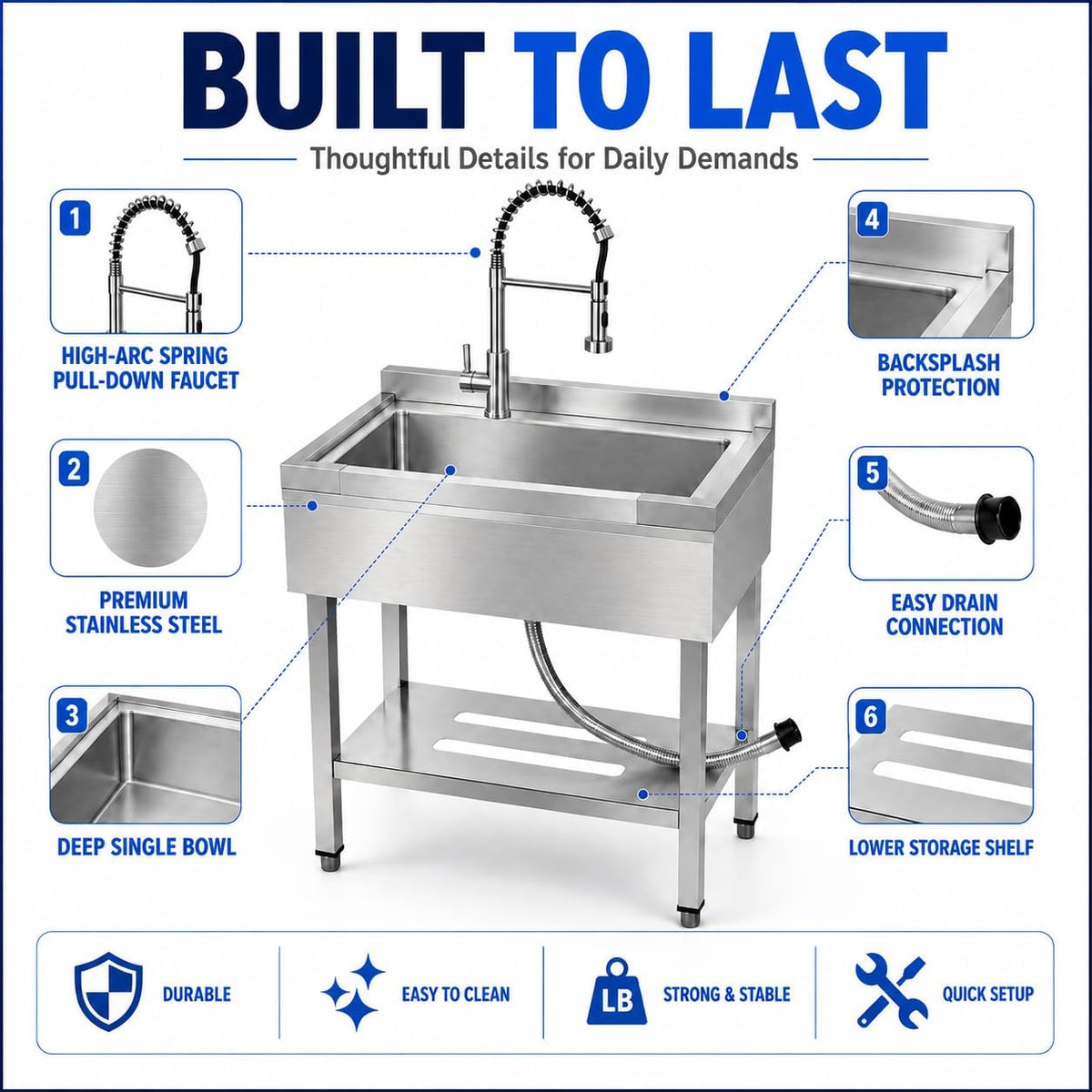Utility Sink with Countertop and Drawer, Stainless Steel, Freestanding, Deep Single Bowl, Spring Pull-Down Faucet