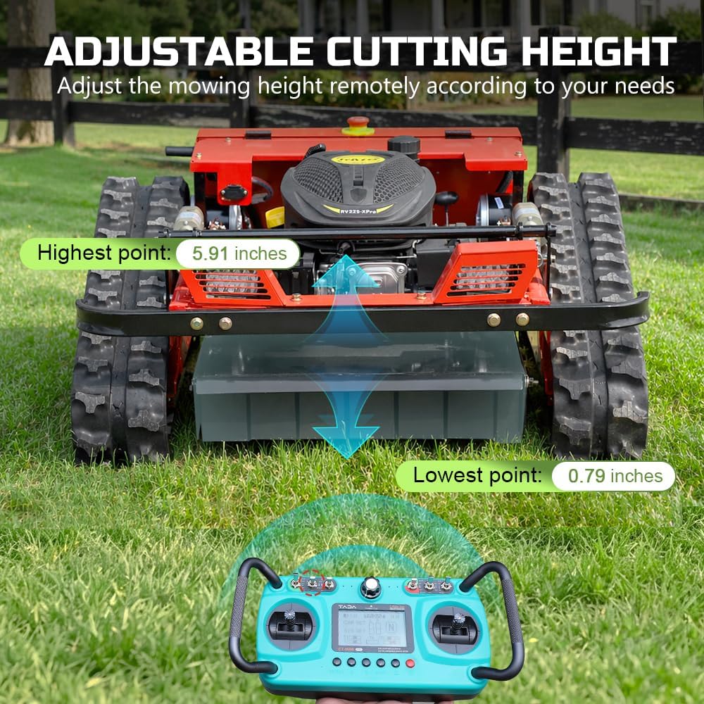 Remote Control Lawn Mower - All Terrain Tracks, 45° Slope Climbing, Gas Electric Hybrid, High Power Strong Mower