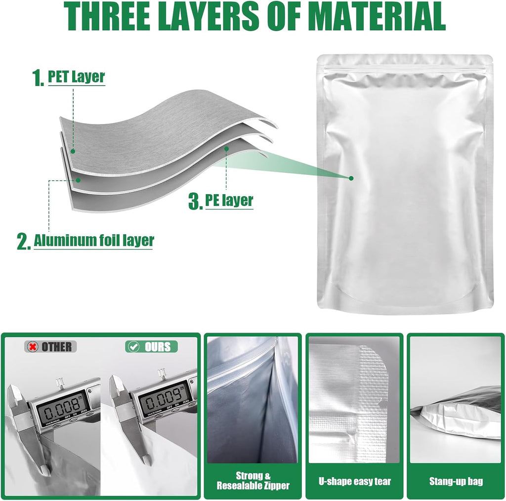 120 Mylar Bags with 120 x 300cc Oxygen Absorbers for Food Storage | 9 Mil Thick, 4 Sizes (1 Gallon, 1 Quart, 1/2
