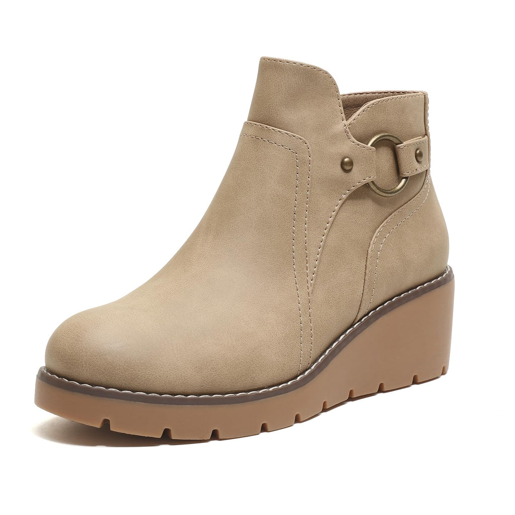Womens Wedge Ankle Boots Chunky Low Heel Fall Short Booties Side Zipper