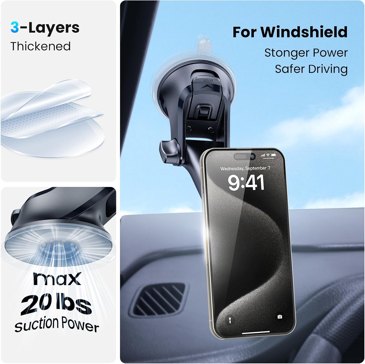 Magnetic Phone Mount for Car, Dashboard & Windshield Suction Cup Holder with Telescopic Arm, Requires Metal Plate for