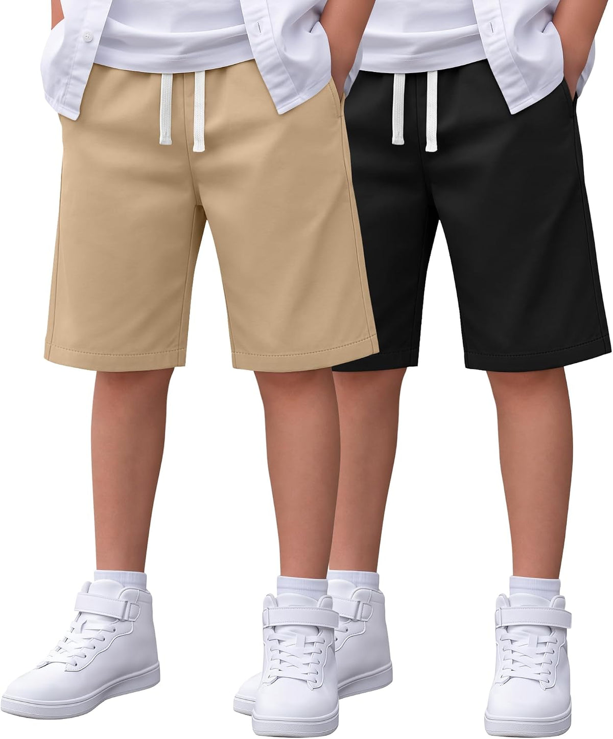 Boys School Uniform Shorts | Pull On Bermuda Shorts, Flat Front Performance Design, Drawstring Waist with