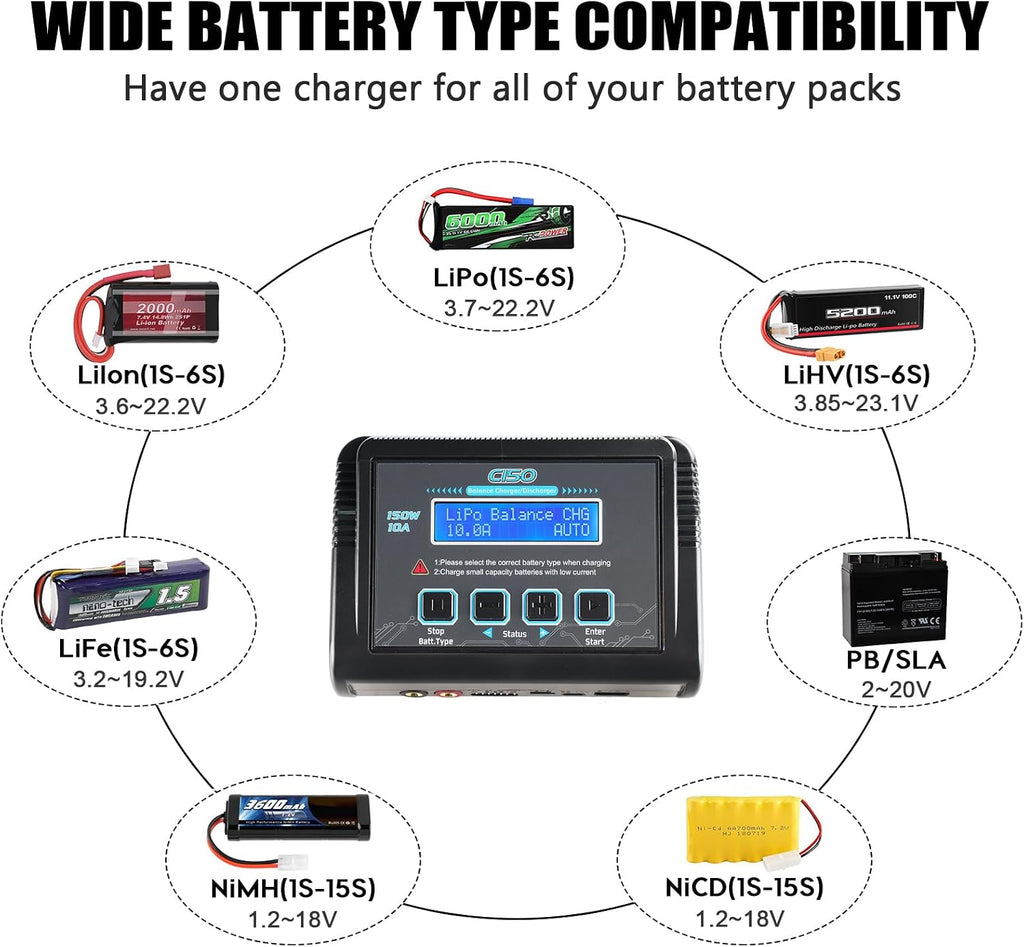 Lipo Battery Charger, 1-6S Balance Charger Discharge 150W 10A AC/DC for Li-Po Li-Hv Ion Fe NiMH NiCd Pb Hobby