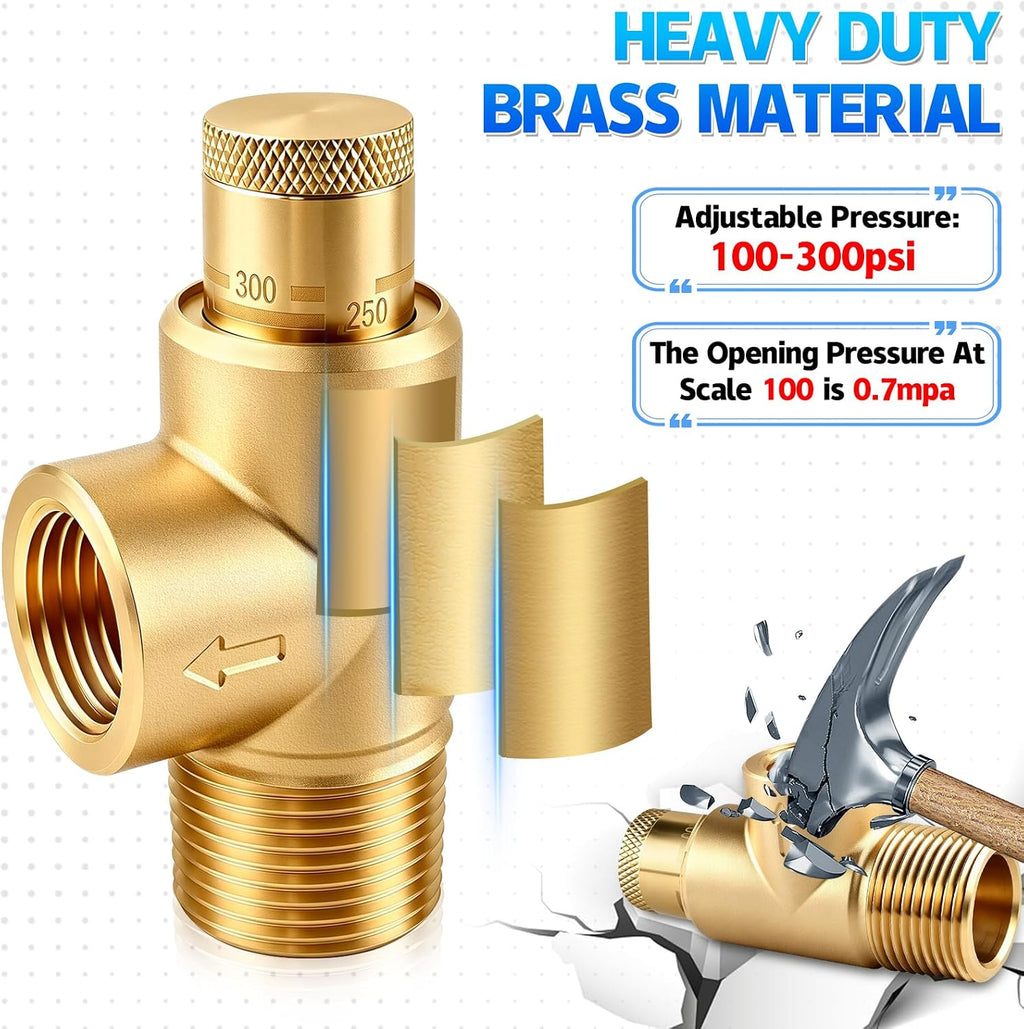 Poppet Adjustable Relief Valve 100-300 PSI, Brass Pressure Relief Valve