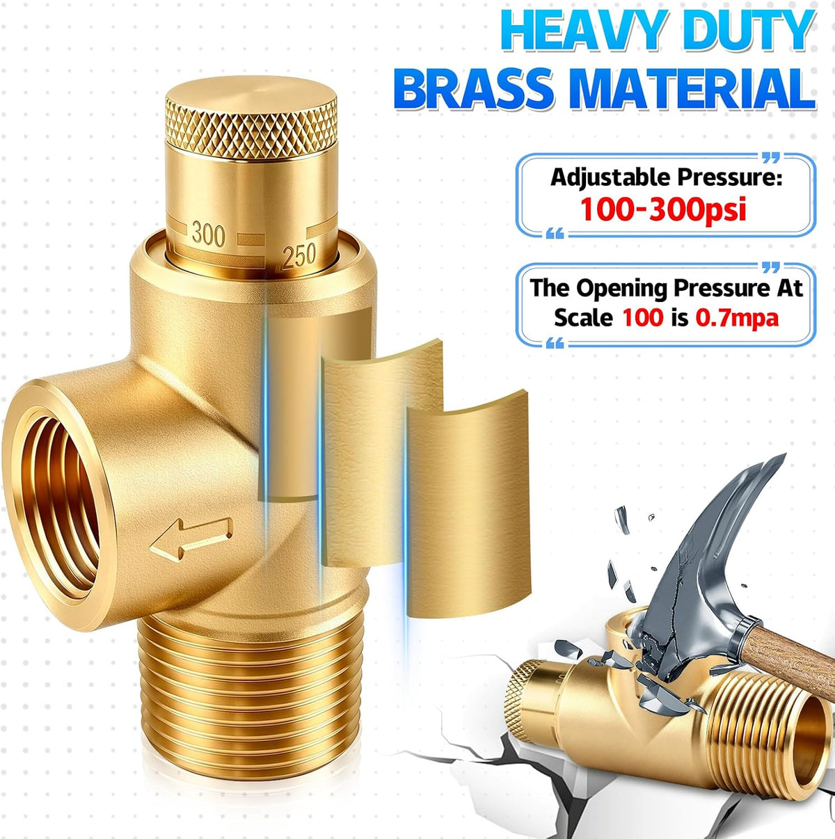 Poppet Adjustable Relief Valve 100-300 PSI, Brass Pressure Relief Valve