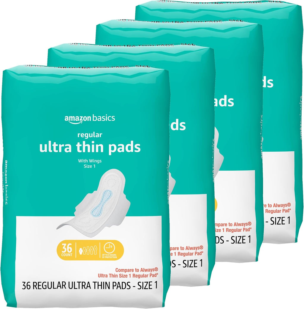 Regular Absorbency Feminine Pads for Women, Ultra Thin with Flexi-Wings, Unscented, Size 1, Absorbent, 144 Count (4