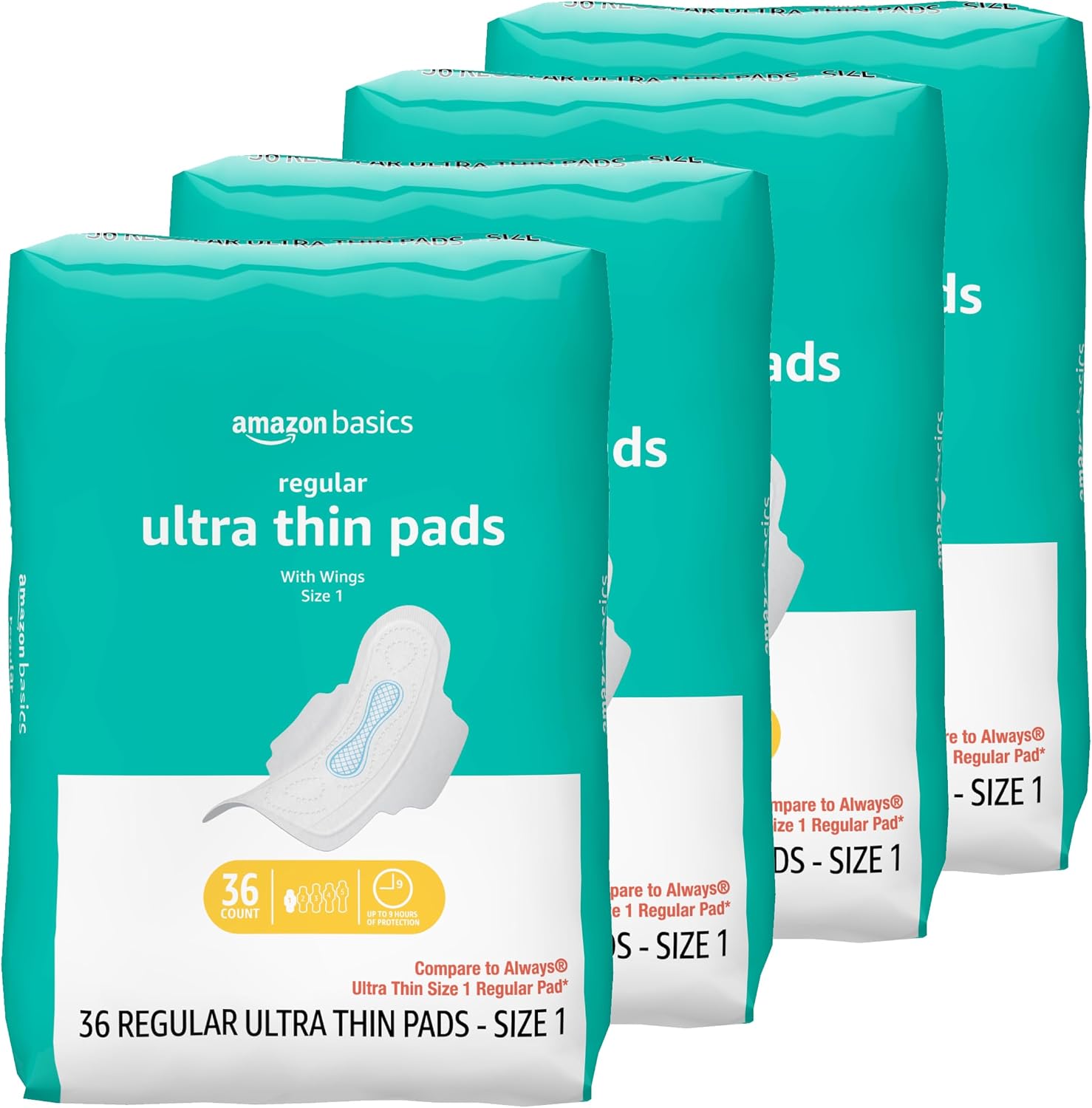 Regular Absorbency Feminine Pads for Women, Ultra Thin with Flexi-Wings, Unscented, Size 1, Absorbent, 144 Count (4