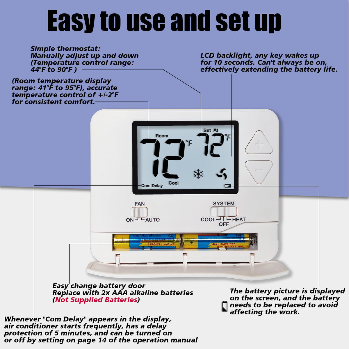 Heagstat Non-Programmable Thermostat for Home Conventional Single-Stage System, up to 1 Heat/ 1 Cool (with White Backlight)