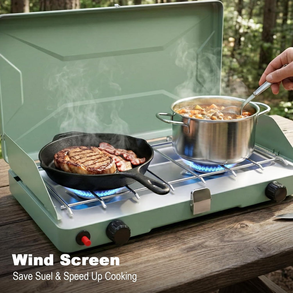 Portable Camping Stove, Propane Gas Camping Cooktop, 2 Burner, 20000 BTUs, Windscreen, Instant Ignition with
