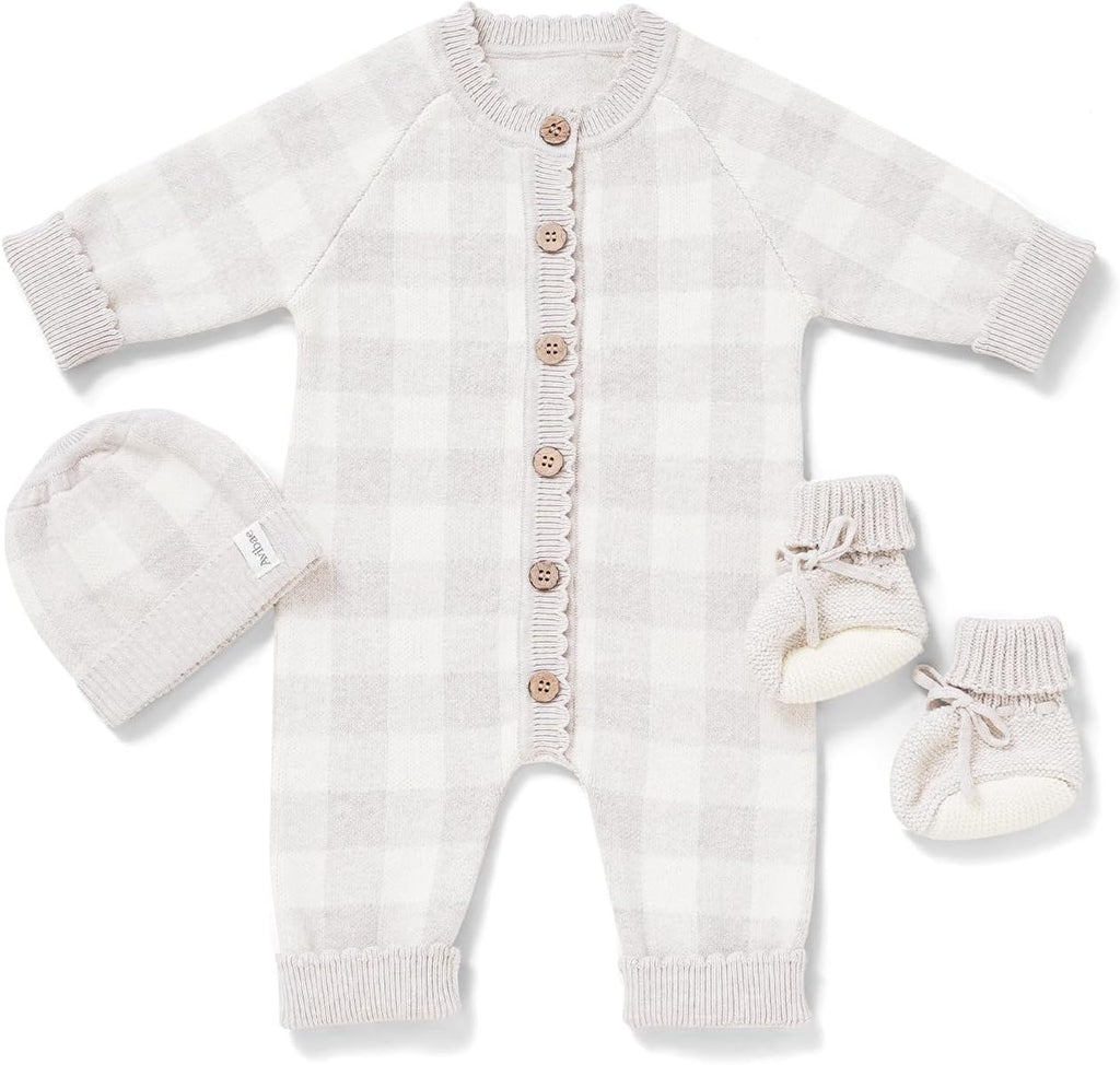 3-Piece Cotton Newborn Baby Set with Knit Outfit, Hat, Booties
