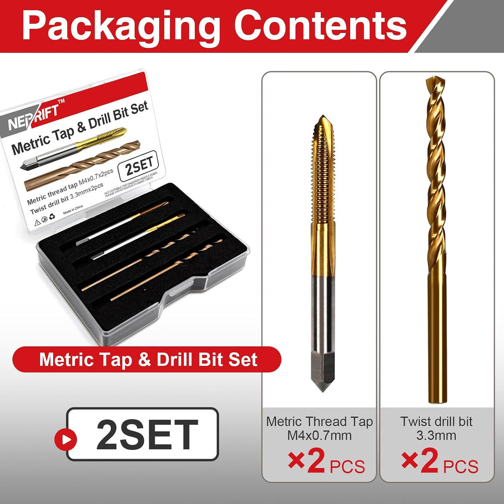M4x0.7 Tap and 3.3mm Drill Bit Set, HSS M2 Taps and M35 Cobalt Drill Bits