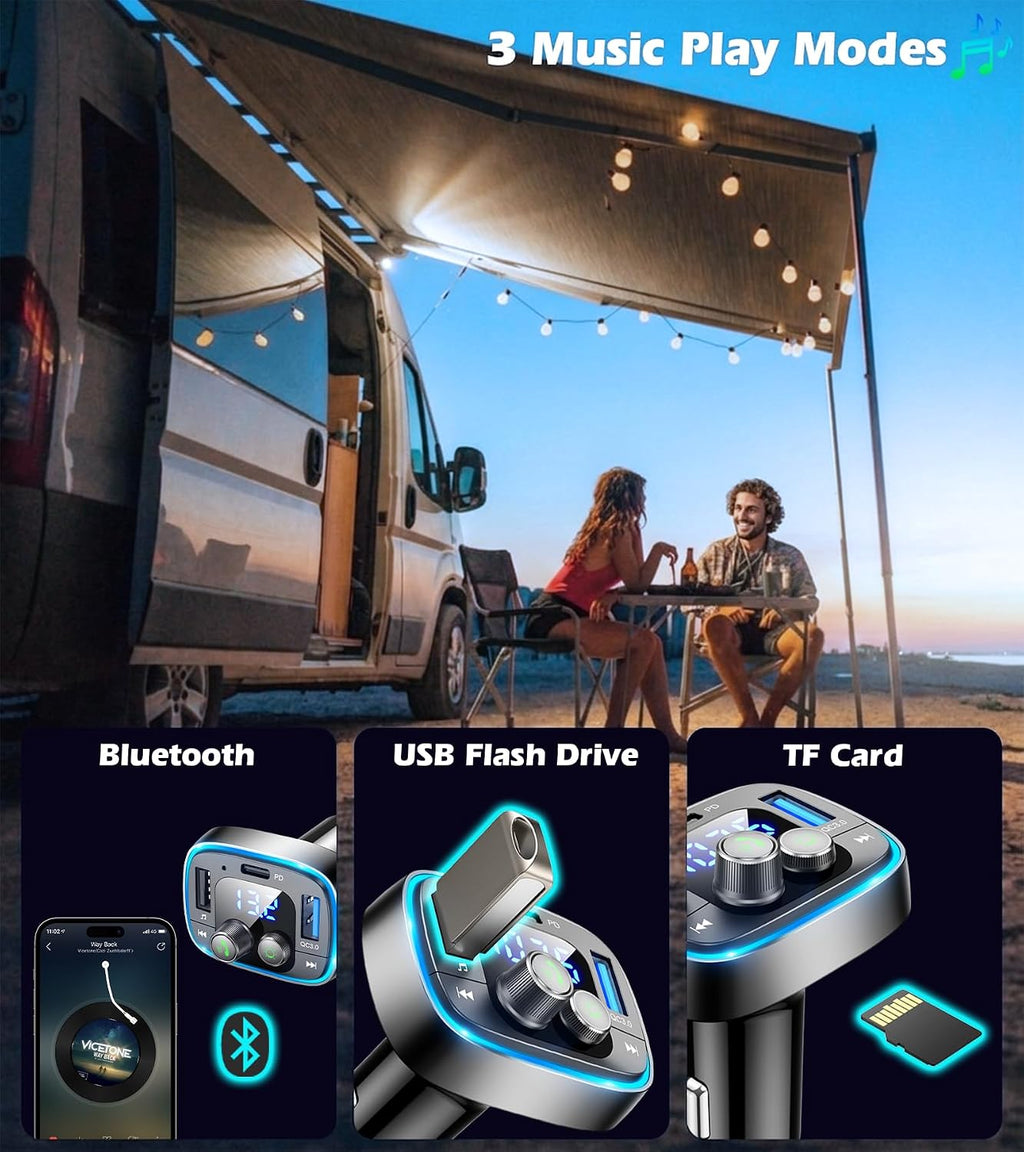 Bluetooth Car Adapter 5.4, FM Transmitter, 48W PD/QC Charger | Enjoy Bluetooth music, GPS navigation and hands-free
