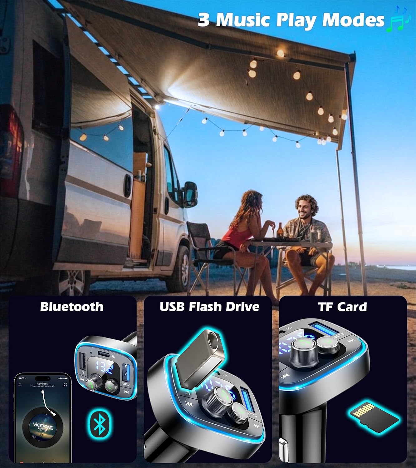 Bluetooth Car Adapter 5.4, FM Transmitter, 48W PD/QC Charger | Enjoy Bluetooth music, GPS navigation and hands-free