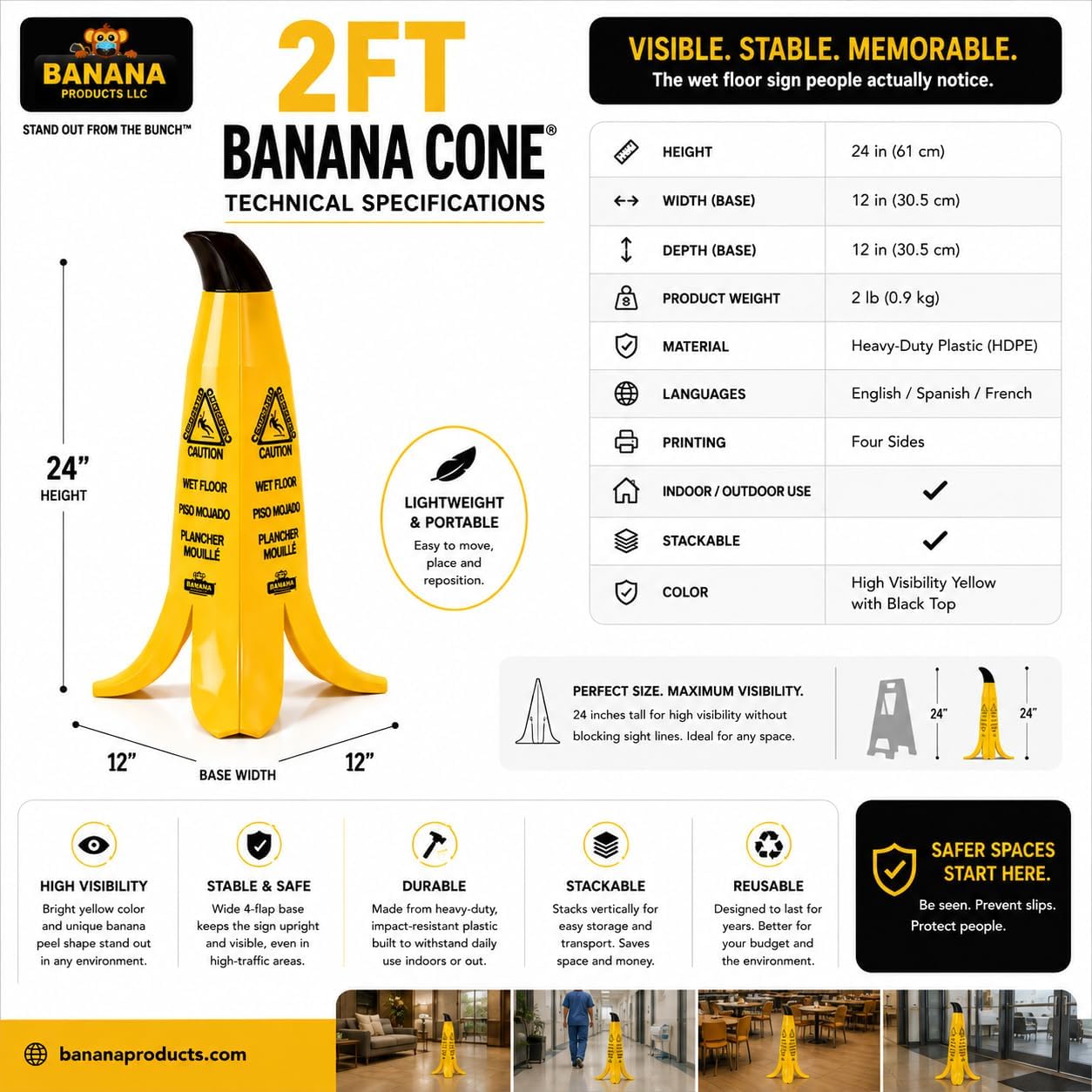 Banana Cone Wet Floor Signs (Case of 6) - Caution Safety Signs