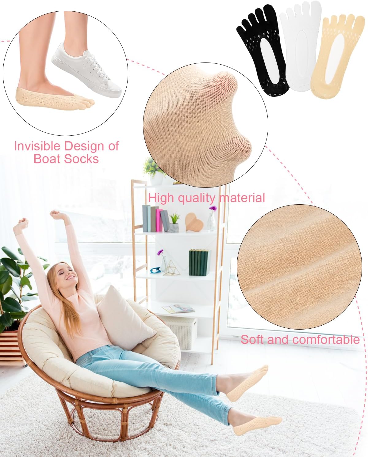 6 Pair Bunion Relief Socks, Toe Alignment Compression Toe Separator Socks, No Show Low Cut Liner Five Finger for