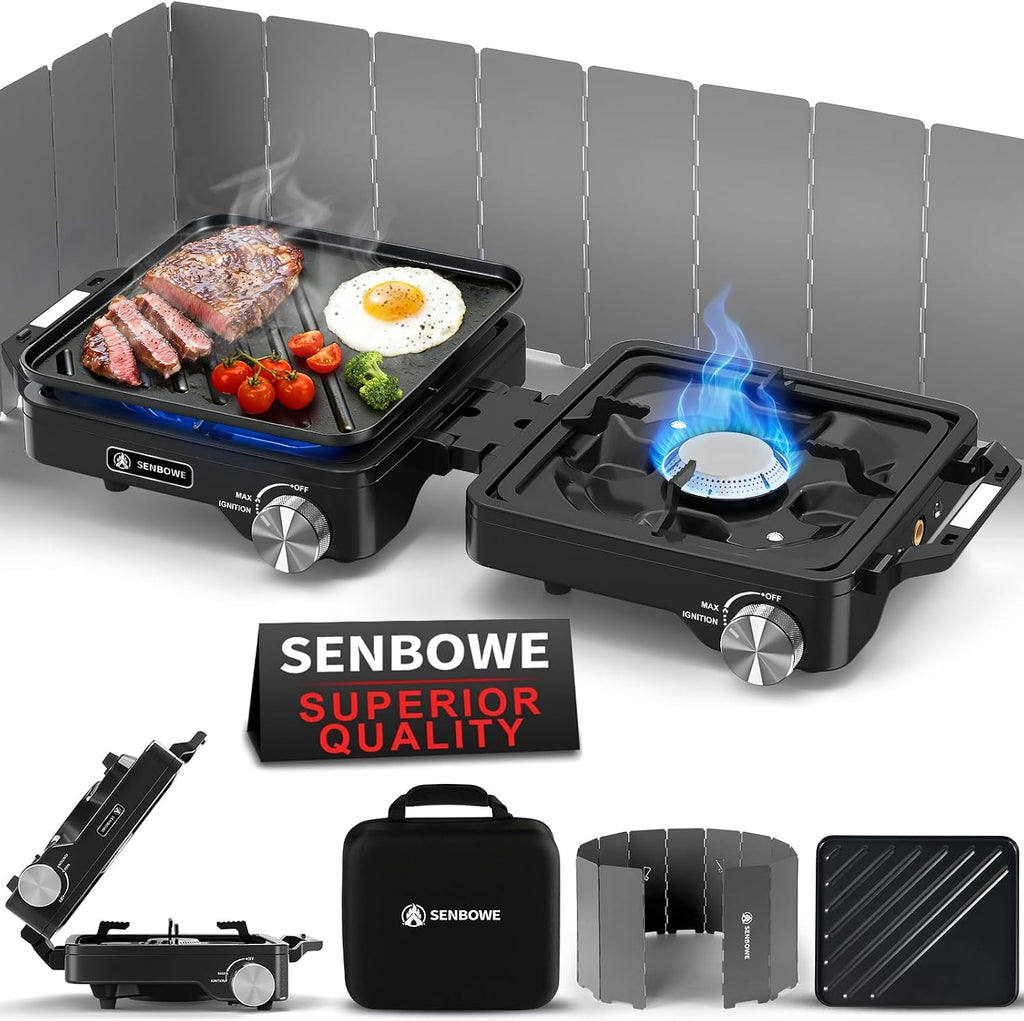 2-Burner Pro Camping Stove,24000 BTU Camp Stove,Foldable Propane Stove Includes Carry Bag,Windscreen Griddle