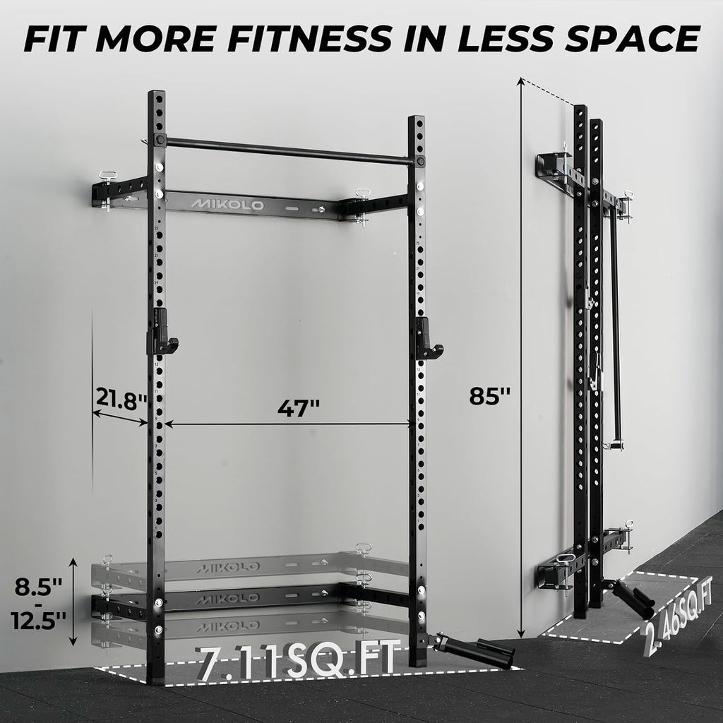 2" x 2" Folding Wall Mounted Squat Rack, 1000 Pounds Capacity Power Rack with Pull Up Bar, J Hooks and Other