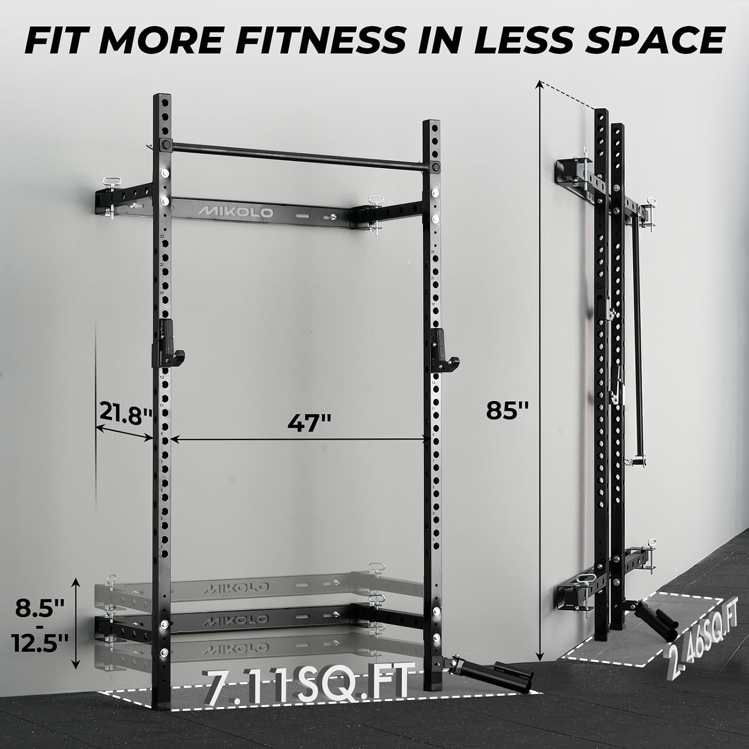 2" x 2" Folding Wall Mounted Squat Rack, 1000 Pounds Capacity Power Rack with Pull Up Bar, J Hooks and Other