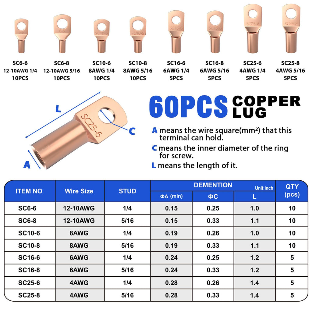 Sanuke Battery Cable Crimper Tool AWG10-1/0, Wire Cutter, 60pcs Copper Lugs