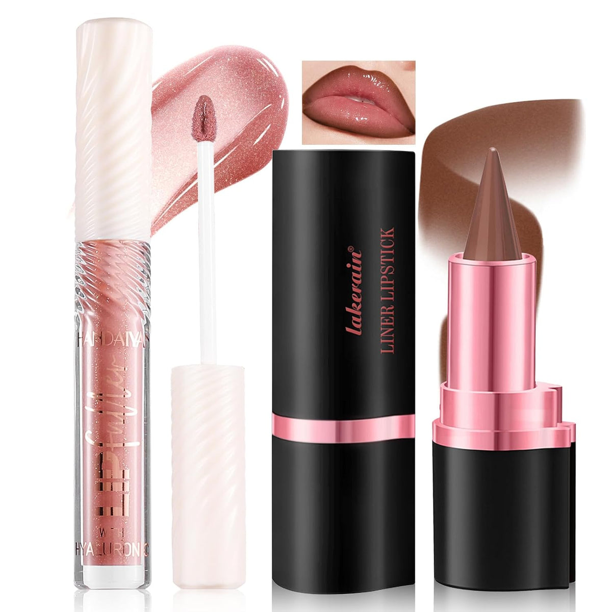 Gradient Lip Liner and Gloss Lip Combo Set, Long Lasting Light Brown Matte Lipstick Crayon Lip Liner Pencil