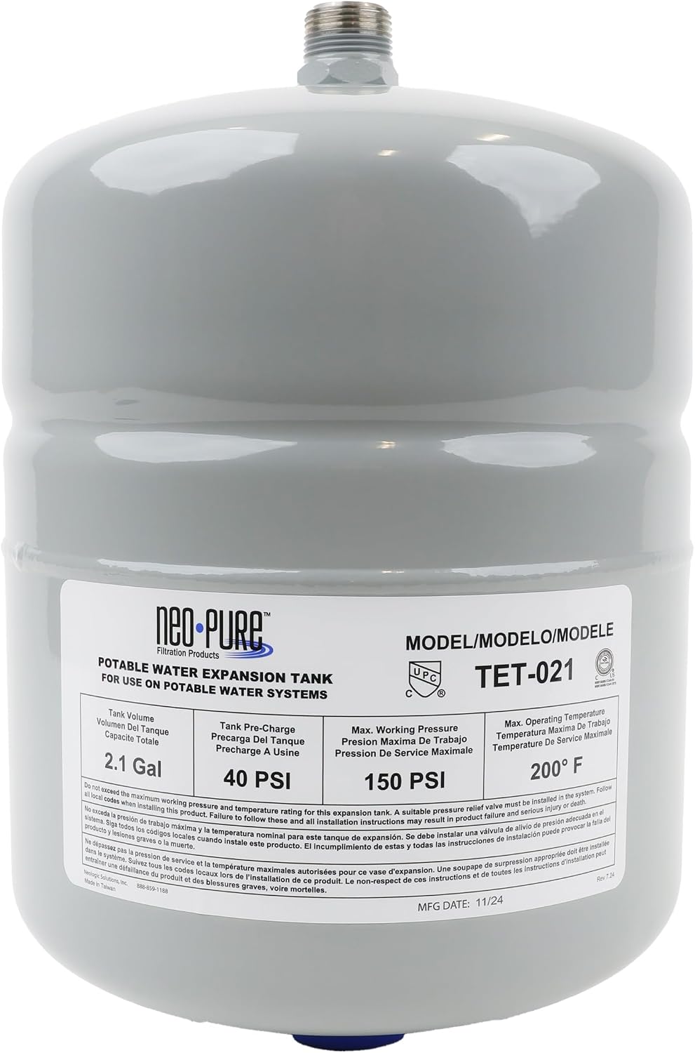 2.1 Gal Thermal Expansion Tank - 3/4" MNPT – Maintains Safe Pressure for Water Heaters with Backflow Preventers