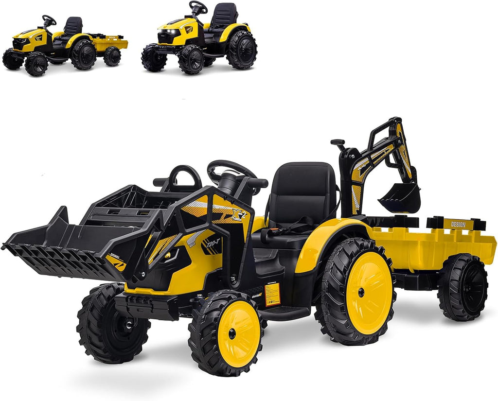 3 in 1 Kids 24V Ride On Tractor, Excavator & Bulldozer, Electric Vehicle w/Trailer, Digger, Shovel Bucket, Remote